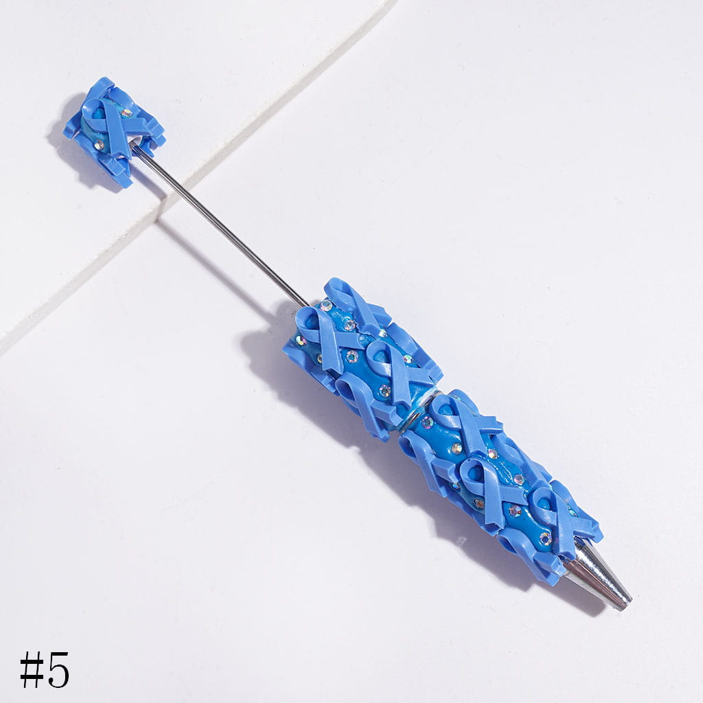 Beadable Clay Pens with Cancer Awareness Ribbon and AB Rhinestones on Multi-Color Base