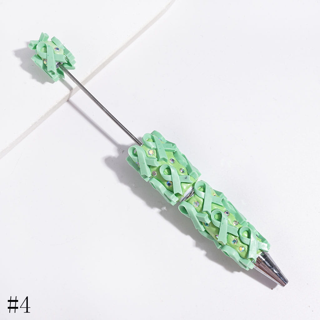 Beadable Clay Pens with Cancer Awareness Ribbon and AB Rhinestones on Multi-Color Base