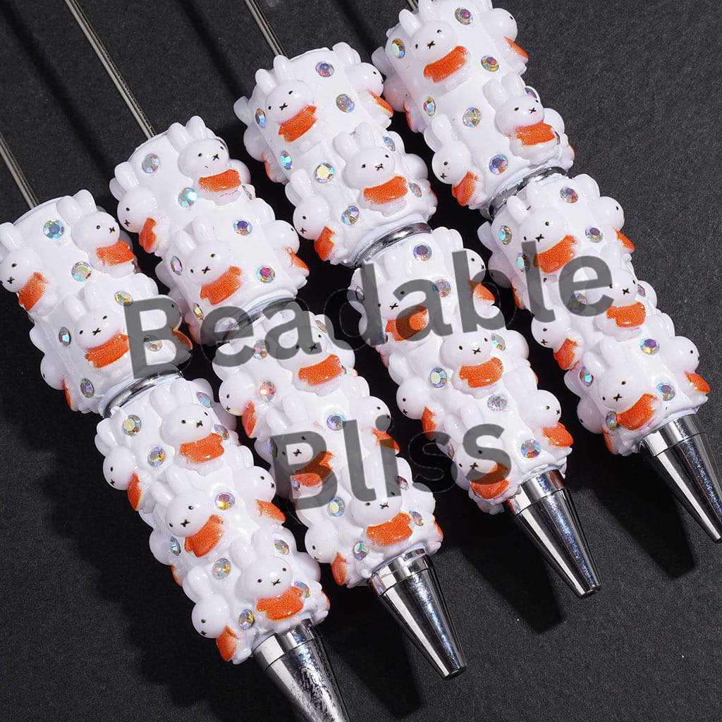 Beadable Clay Pens with Dutch Rabbit and AB Rhinestones on White Background