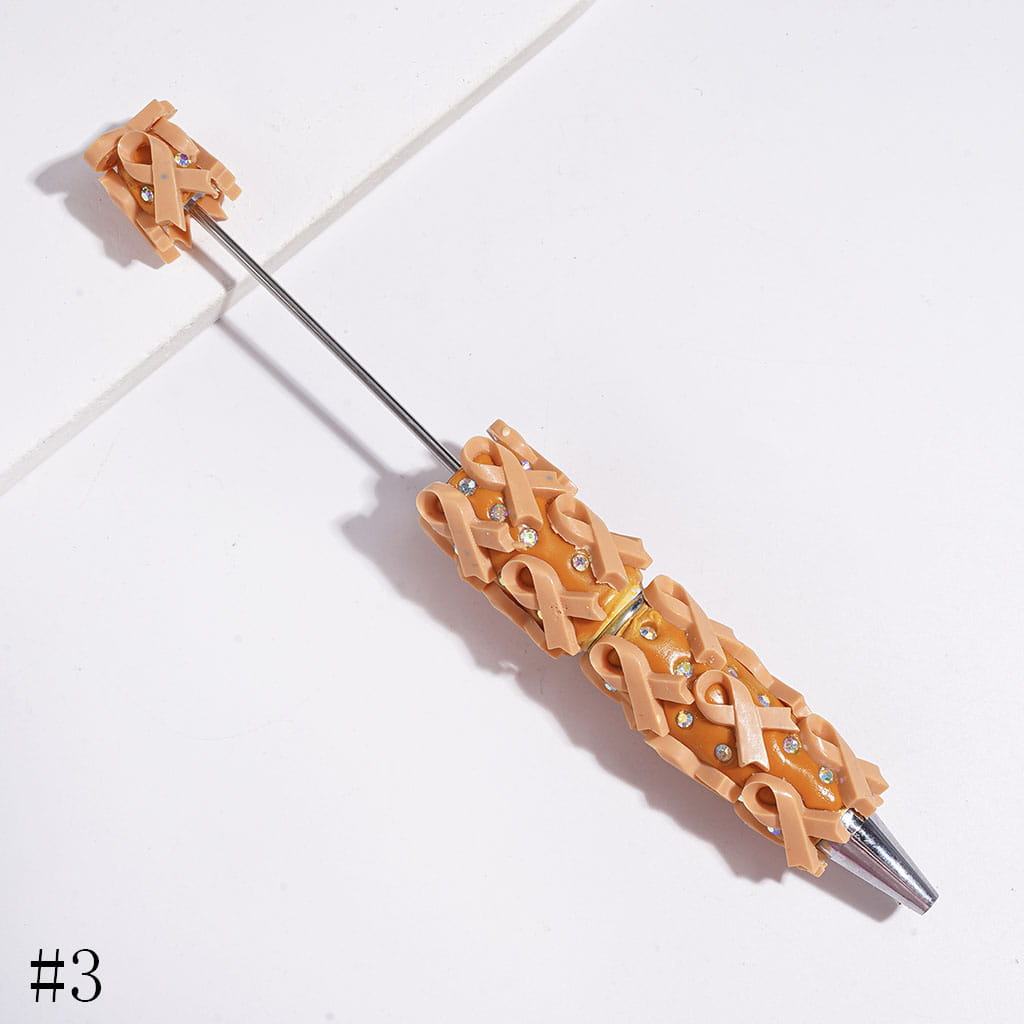 Beadable Clay Pens with Cancer Awareness Ribbon and AB Rhinestones on Multi-Color Base