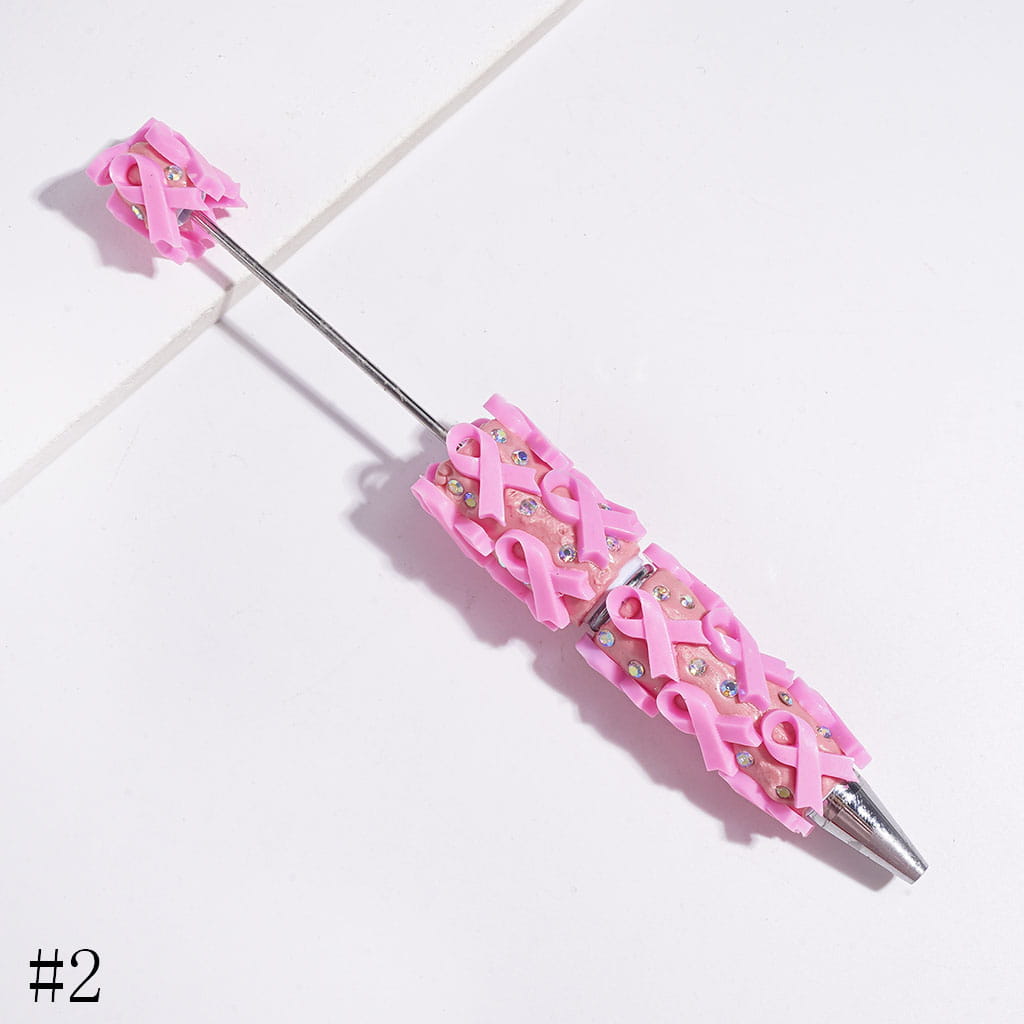 Beadable Clay Pens with Cancer Awareness Ribbon and AB Rhinestones on Multi-Color Base