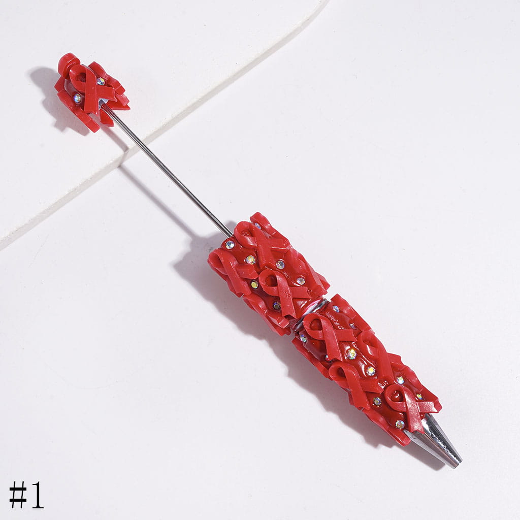 Beadable Clay Pens with Cancer Awareness Ribbon and AB Rhinestones on Multi-Color Base