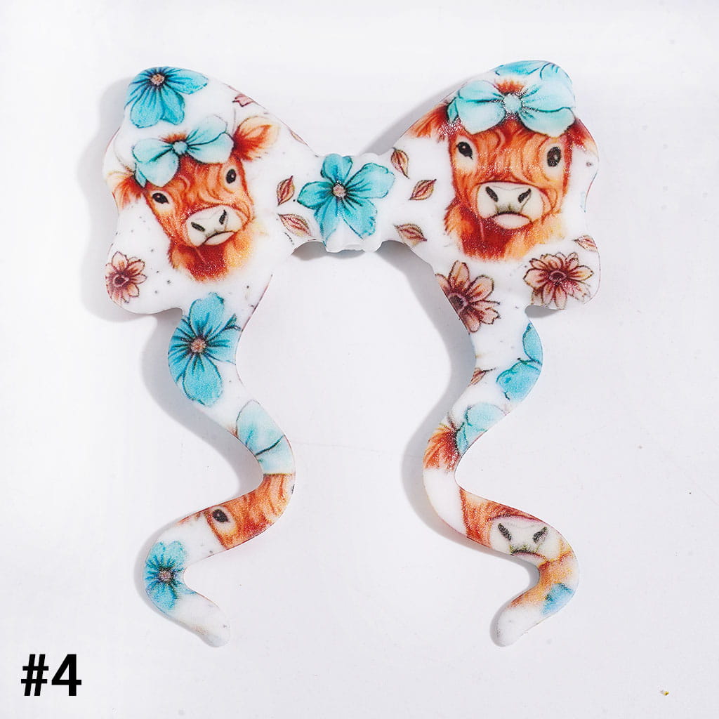 Silicone Focal Beads Soft Bowtie, Bowknot with Long Ribbon & Light Brown Highland Cow with Multi-Color Bowtie & Flower, 59*70MM