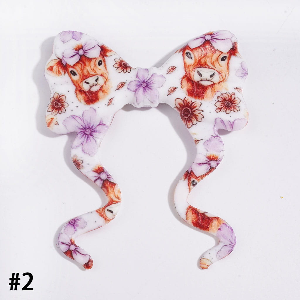 Silicone Focal Beads Soft Bowtie, Bowknot with Long Ribbon & Light Brown Highland Cow with Multi-Color Bowtie & Flower, 59*70MM