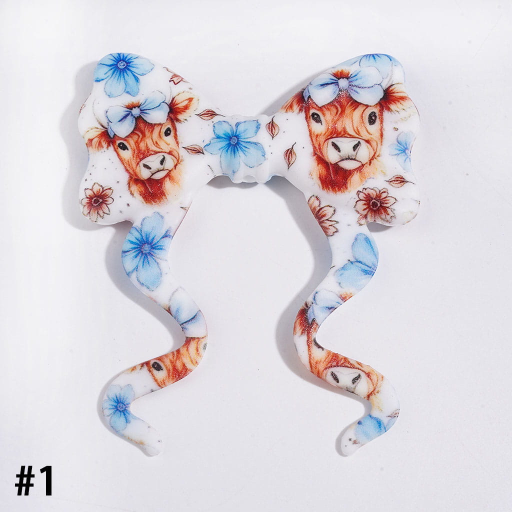 Silicone Focal Beads Soft Bowtie, Bowknot with Long Ribbon & Light Brown Highland Cow with Multi-Color Bowtie & Flower, 59*70MM
