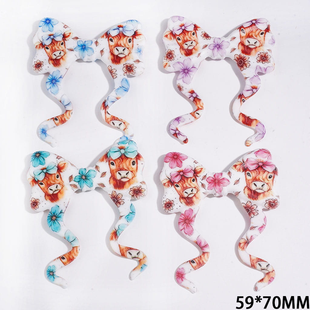 Silicone Focal Beads Soft Bowtie, Bowknot with Long Ribbon & Light Brown Highland Cow with Multi-Color Bowtie & Flower, 59*70MM
