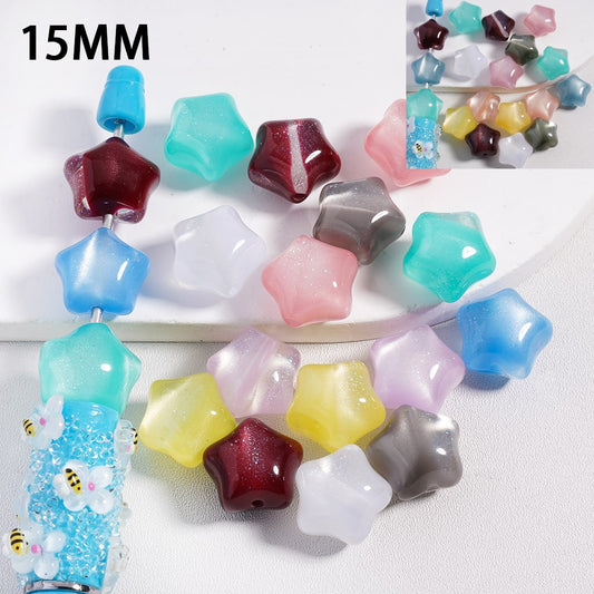 Acrylic Beads, Color Changing, Cat Eye Style, Five-Pointed Star Shape Silver Glitter Inside, Random Mix, 15MM