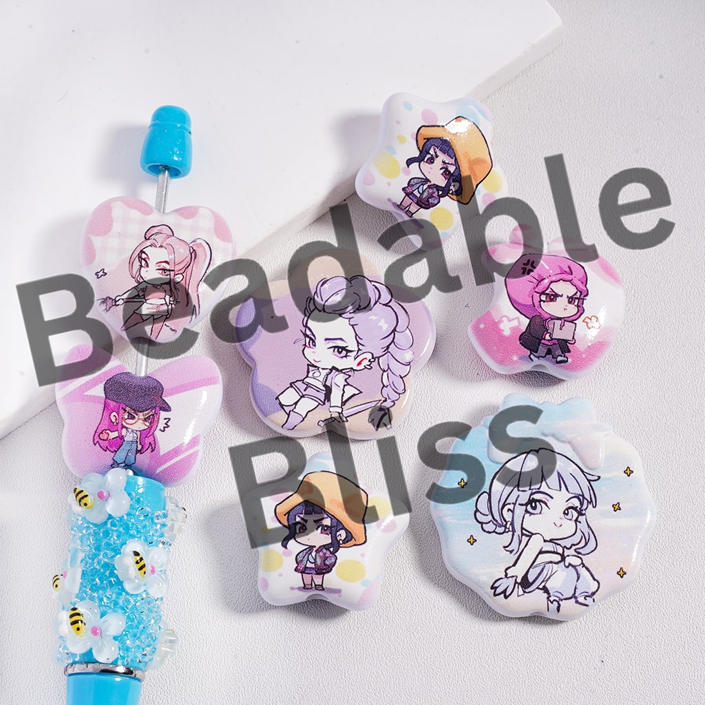 Acrylic Beads Two-Dimensional Girl Series Double Side Prints in Various Shapes, Random Mix