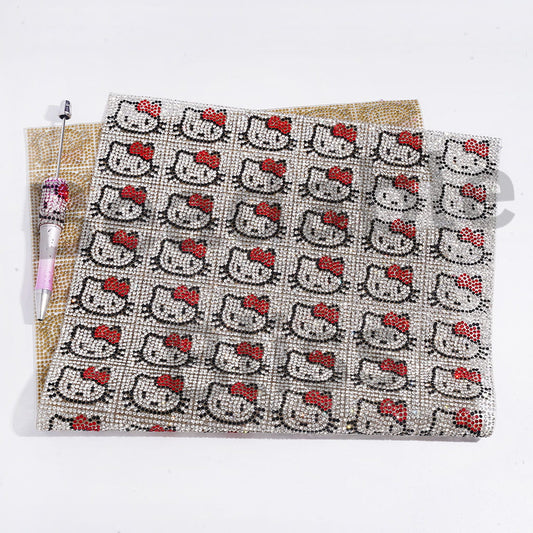 DIY Bling Bling Wraps Tapes Cute Cat Character Head Portrait with Clear & Black & Red Cone Shaped Rhinestones for Pen, Around 38*28MM (84pcs in 1 Sheet)