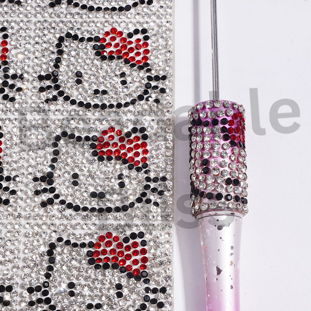 DIY Bling Bling Wraps Tapes Cute Cat Character Head Portrait with Clear & Black & Red Rhinestones for Pen, Around 38*28MM (Small 84 Pieces in 1 Sheet)