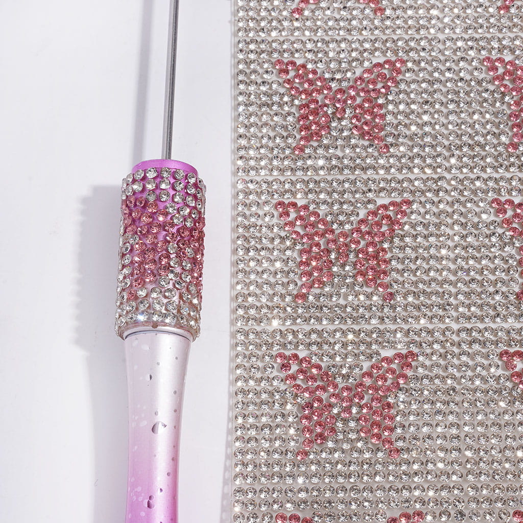 DIY Bling Bling Wraps Tapes Butterfly with Clear & Pink Cone Shaped Rhinestones for Pen, Around 38*28MM (84pcs in 1 Sheet)