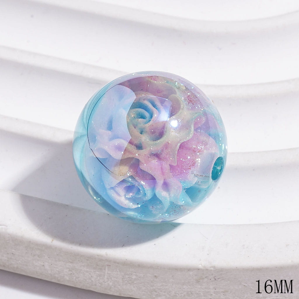 UV-Coated Acrylic Beads for Bracelets with Blooming Rose Flower & Glitter Embedded Inside Bead, 16MM, Multi-Color, Random Mix