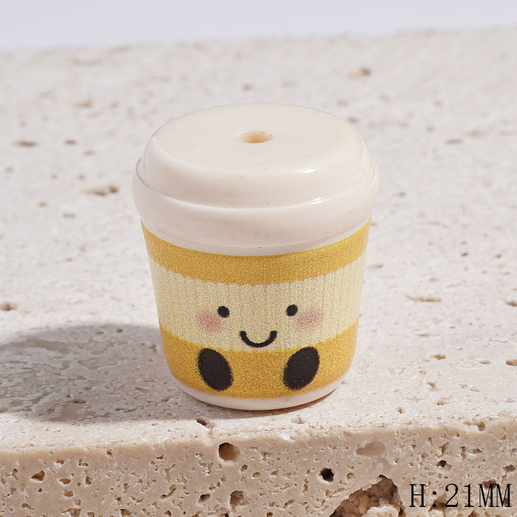 Smiling Coffee Cup with Vertical Stripes Cup Sleeve Patterns Acrylic Beads, Height 21MM, Multi-Color, Random Mix