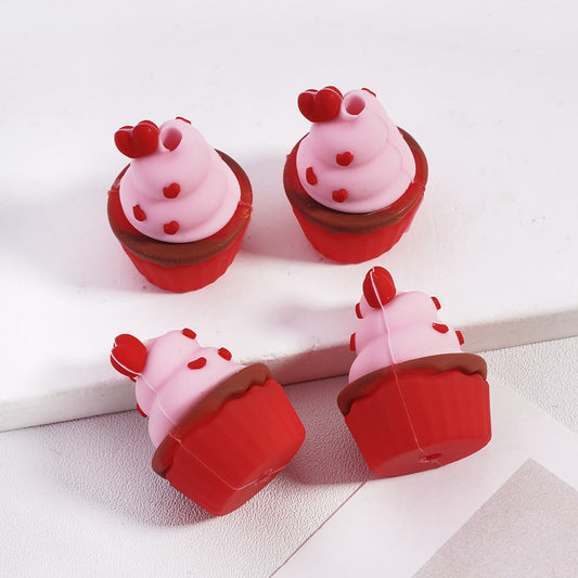 Silicone Focal Beads 3D Cute Pink Cupcake with Red Hearts and Cups