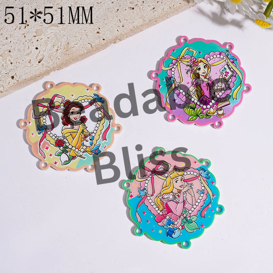 Acrylic Beads and Pendants with Classic Beautiful Princess Character, Wavy Edged Flat Round Shape, 51*51MM Random Mix