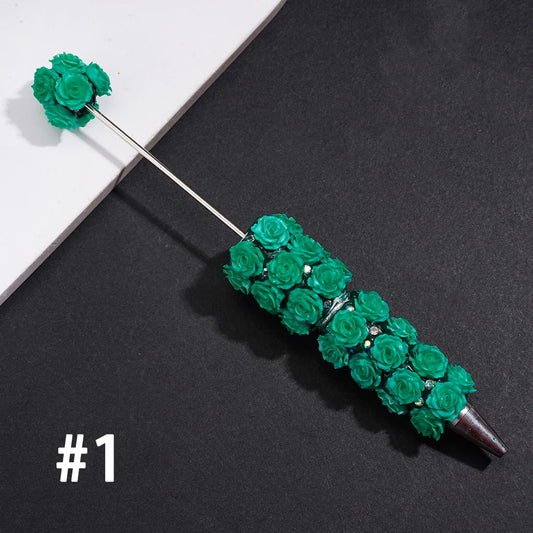 Beadable Clay Pens w Luminous Rose Flowers, AB Rhinestones & White Pearls, Neon Color (Update Another Colors Pens Later)
