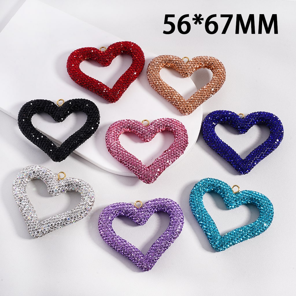 Clay Rhinestones Keychain Pendant Large-Sized Hollow Heart , Multi-Color, Random Mix, 56*67MM