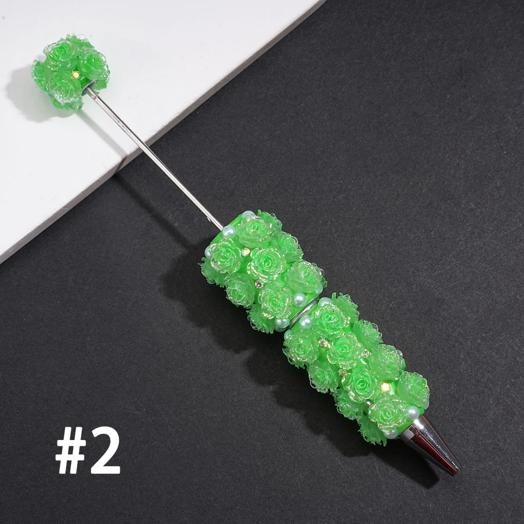Beadable Clay Pens w Luminous Rose Flowers, AB Rhinestones & White Pearls, Neon Color (Update Another Colors Pens Later)