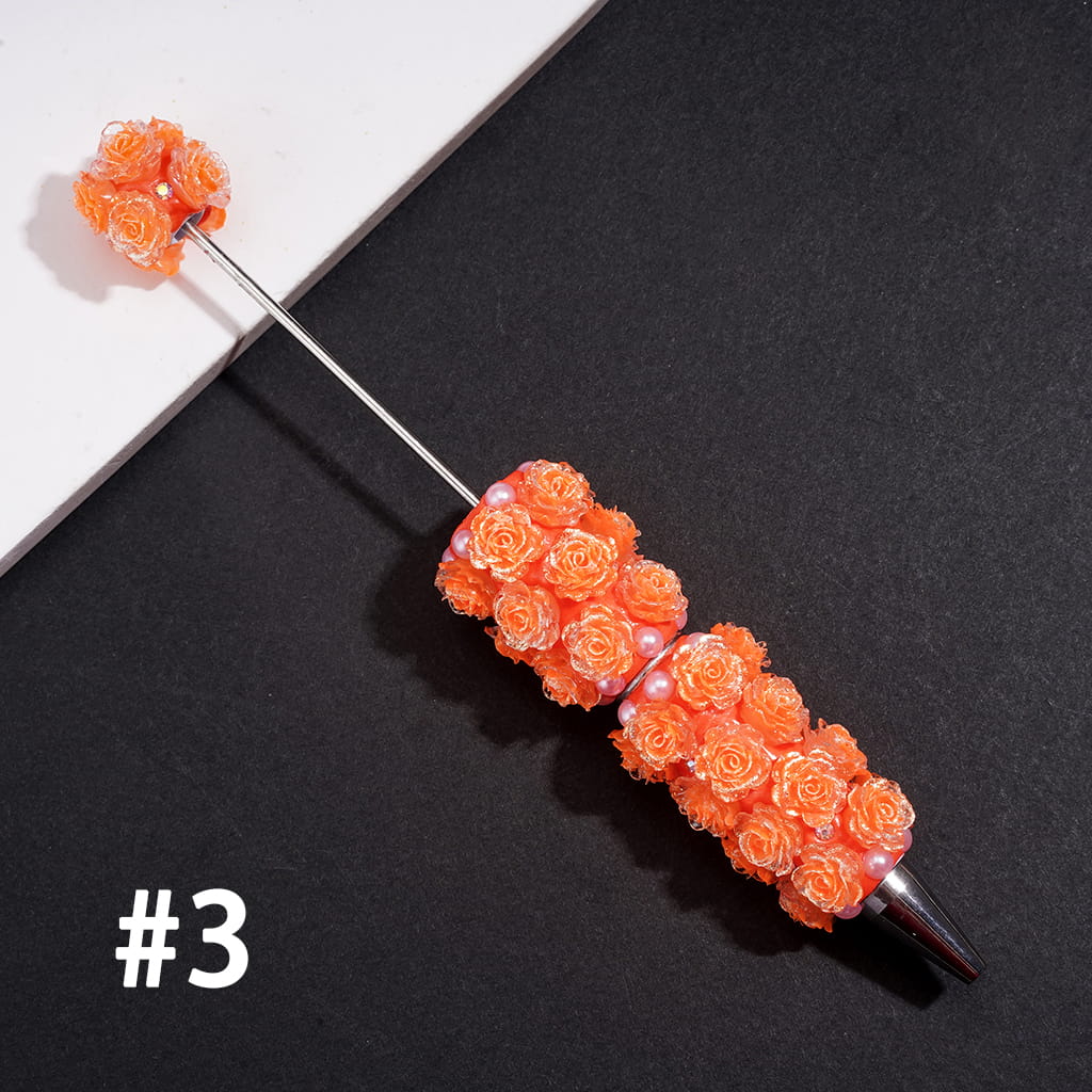 Beadable Clay Pens w Luminous Rose Flowers, AB Rhinestones & White Pearls, Neon Color (Update Another Colors Pens Later)