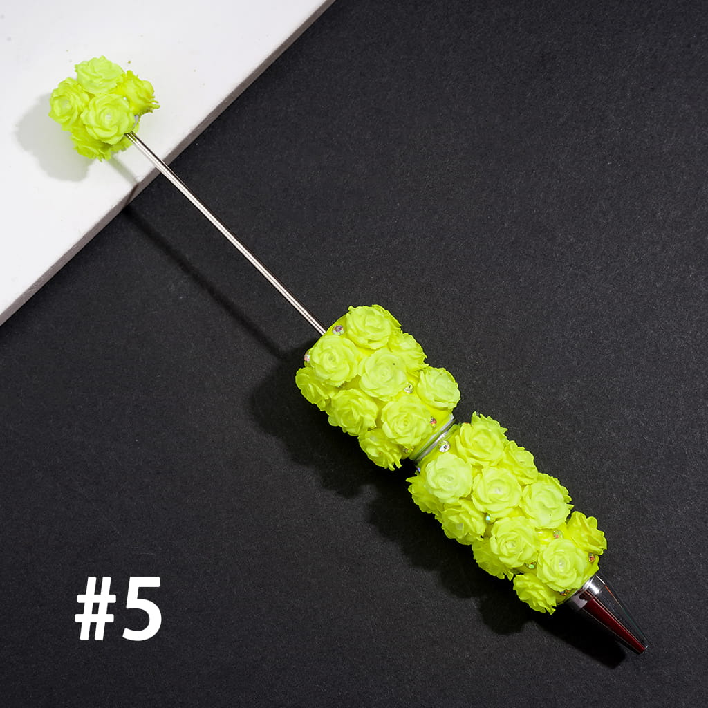 Beadable Clay Pens w Luminous Rose Flowers, AB Rhinestones & White Pearls, Neon Color (Update Another Colors Pens Later)