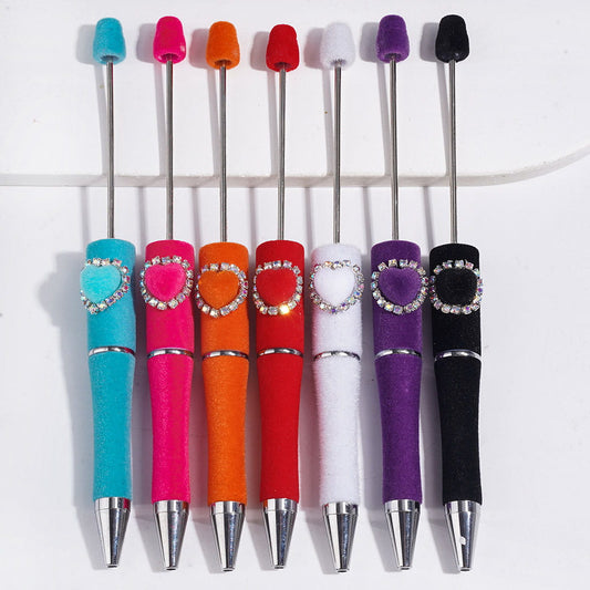 Handcrafted Beadable Pens with Flocked Fluffy Covered the Entire Pens, Heart with AB Chains, Multi-Color