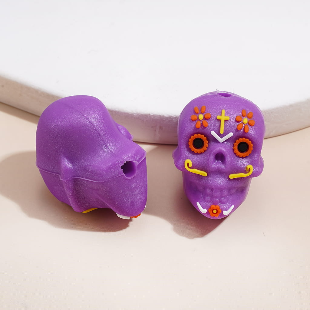 Silicone Focal Beads 3D Colorful Prints Skull Head Halloween Day of the Dead