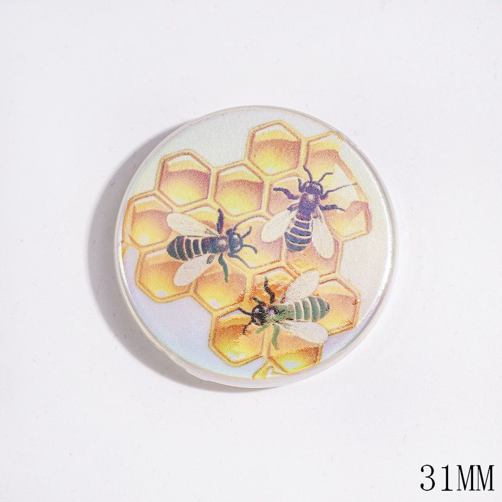 Honeybee and Honeycomb and Honey Pot Patterns Acrylic Beads, UV Finish, 31MM, Flat Round Shape, Random Mix