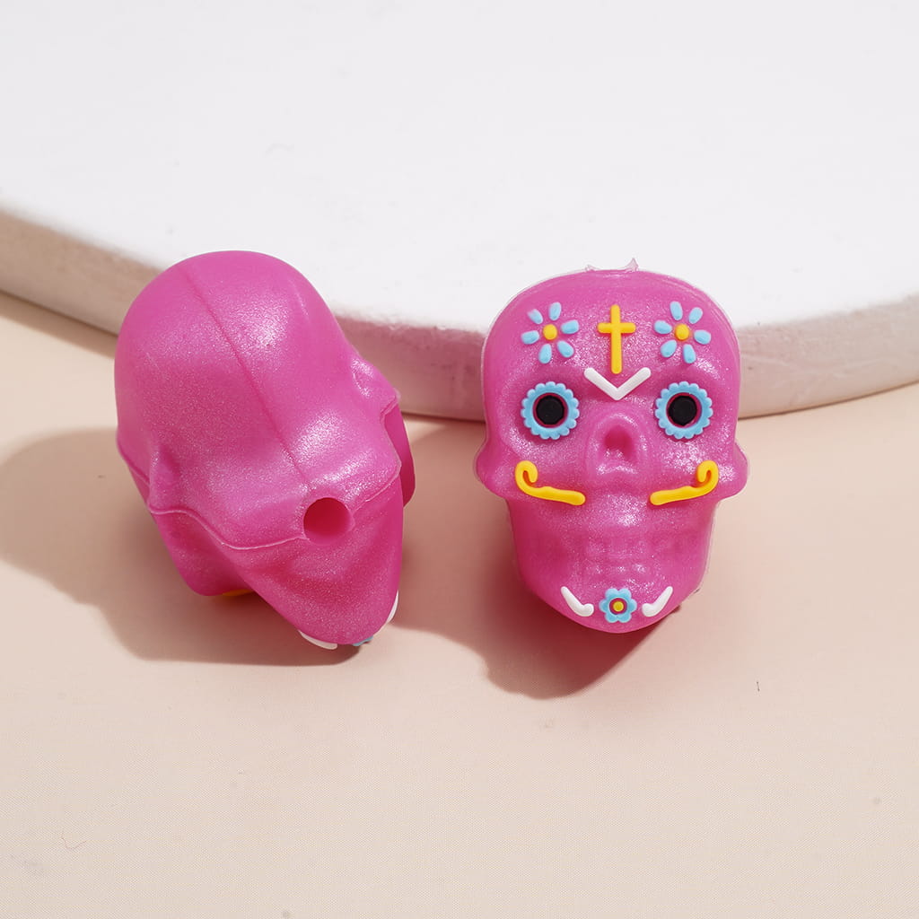 Silicone Focal Beads 3D Colorful Prints Skull Head Halloween Day of the Dead