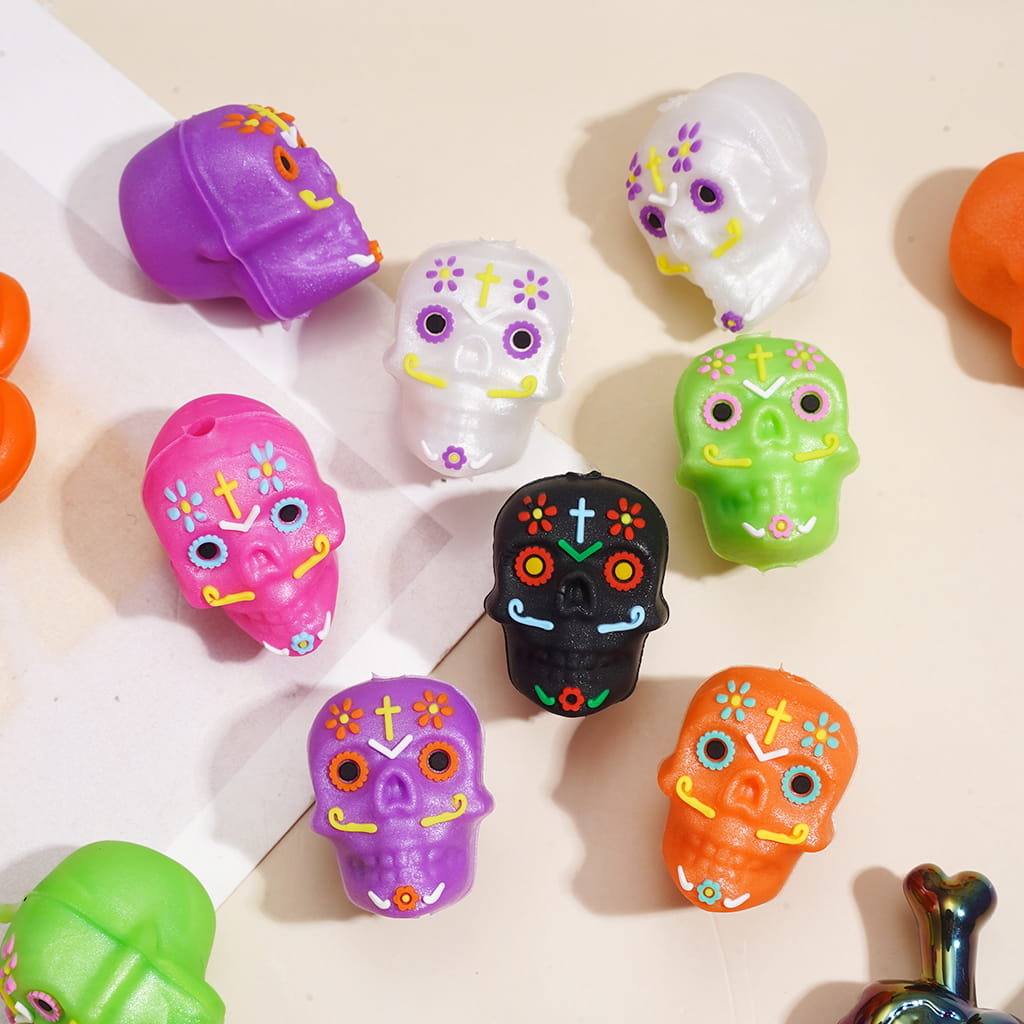Silicone Focal Beads 3D Colorful Prints Skull Head Halloween Day of the Dead