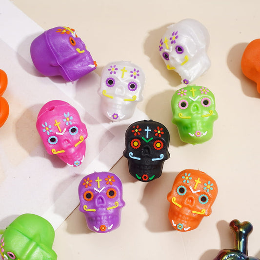 Silicone Focal Beads 3D Colorful Prints Skull Head Halloween Day of the Dead