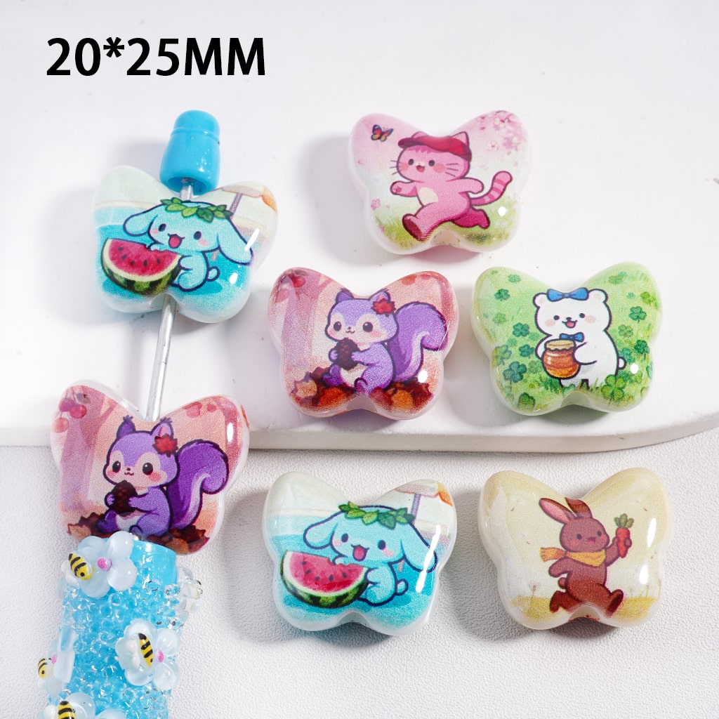 Acrylic Beads Animal Series Double Side Prints, Butterfly Shape, Random Mix, 20*25MM