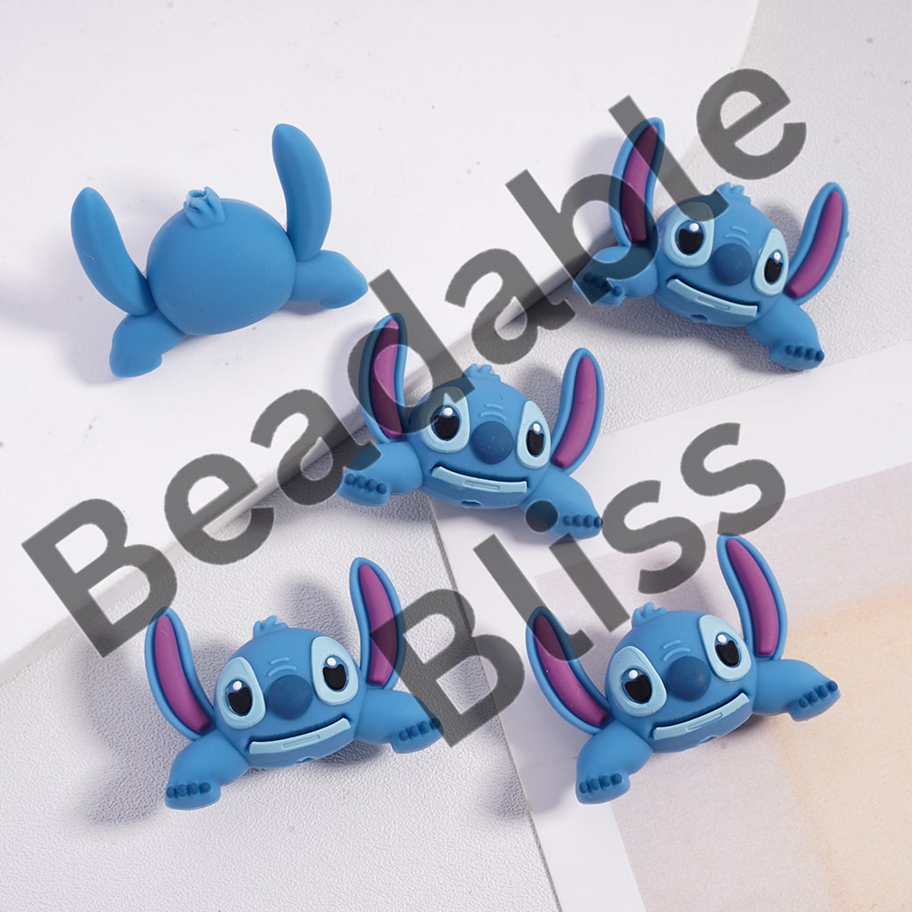 Silicone Focal Beads 3D Cute Blue Monster in Lying on Front and Sitting Down Gesture