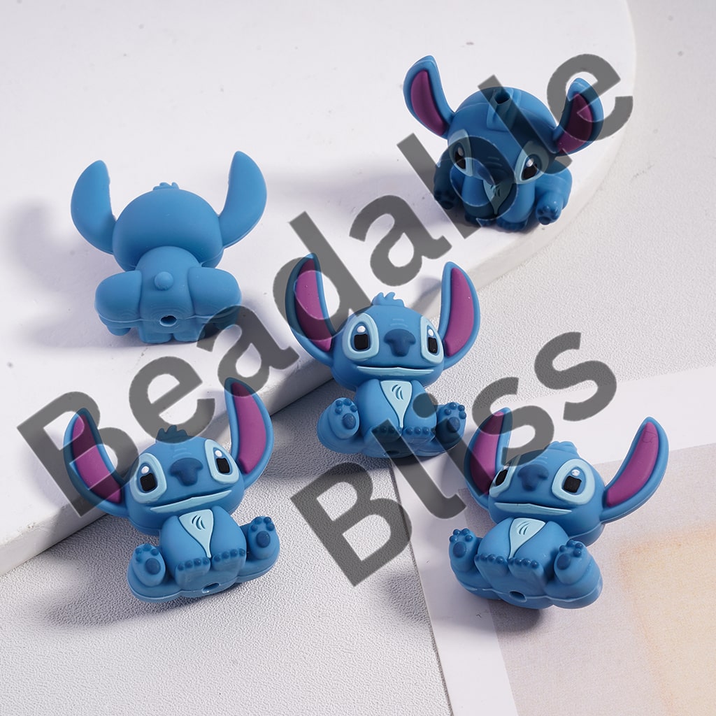 Silicone Focal Beads 3D Cute Blue Monster in Lying on Front and Sitting Down Gesture
