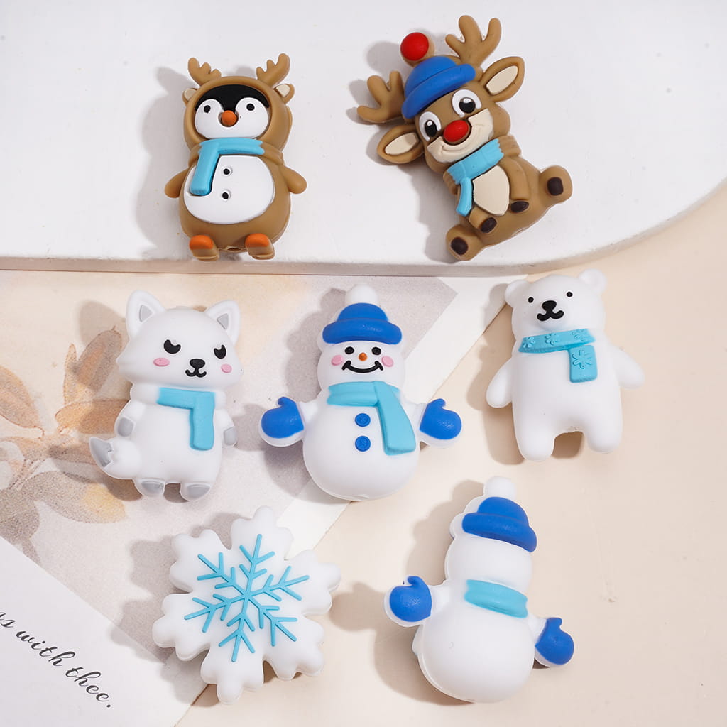 Silicone Focal Beads 3D Winter Christmas Theme, Animals, Snowflake & Snowman