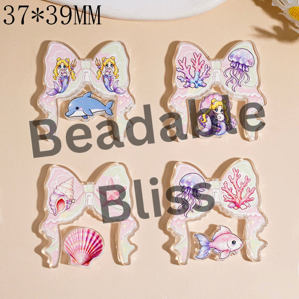 Acrylic Beads with Marine Life Theme Bow and Small Ornament Piece, 37*39MM