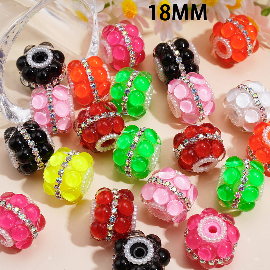 Hand-Made Acrylic Beads w Half-Round Fluorescent, AB Rhinestone & White Pearl Chains, Random Mix