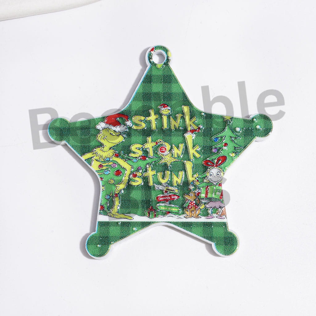 Christmas Green Characters Theme Acrylic Beads and Pendants, Gold Edge Design, Random Mix