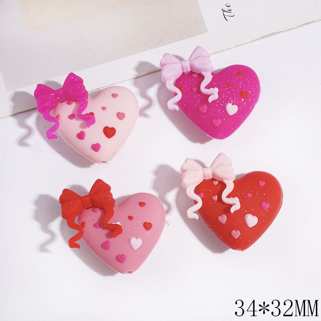 Silicone Focal Beads 3D Heart with Silver Glitter & Bowtie & Mini Hearts, 34*32MM, Multi-Color