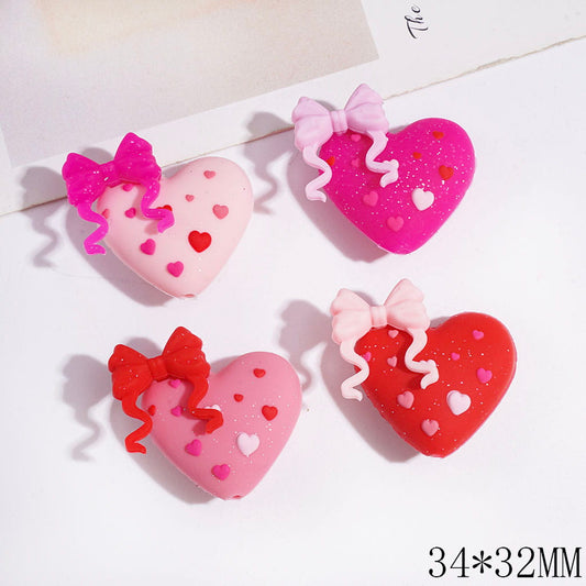 Silicone Focal Beads 3D Heart with Silver Glitter & Bowtie & Mini Hearts, 34*32MM, Multi-Color