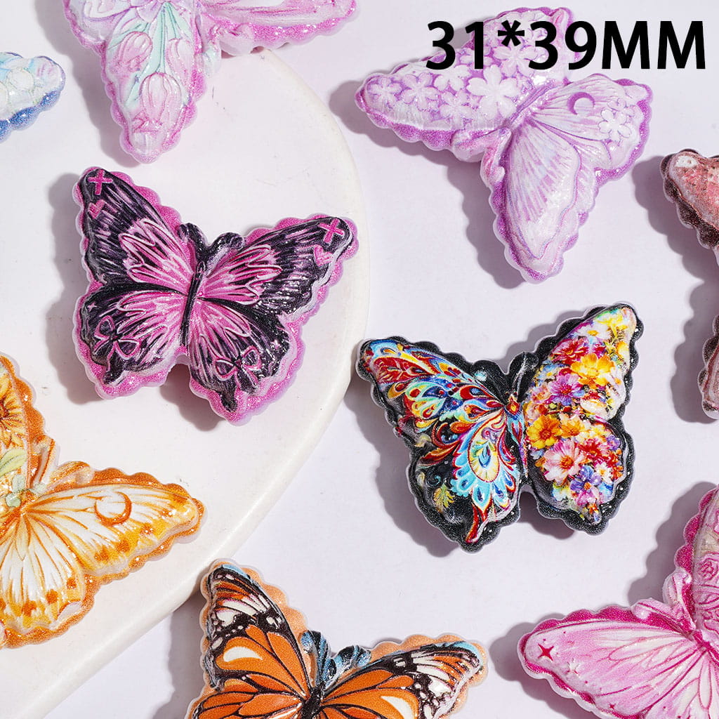 Acrylic Beads Butterfly with Flower on Wings, 31*39MM, Random Mix