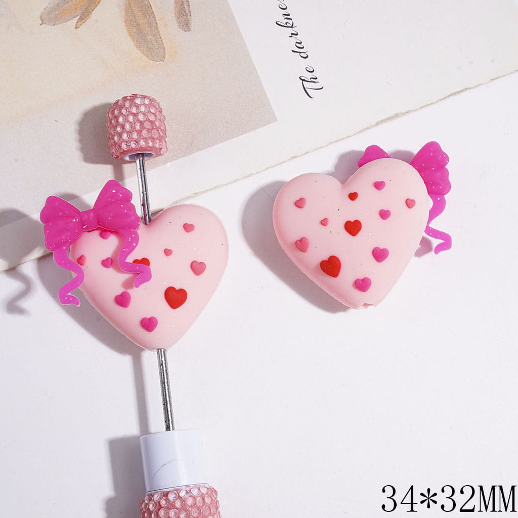 Silicone Focal Beads 3D Heart with Silver Glitter & Bowtie & Mini Hearts, 34*32MM, Multi-Color