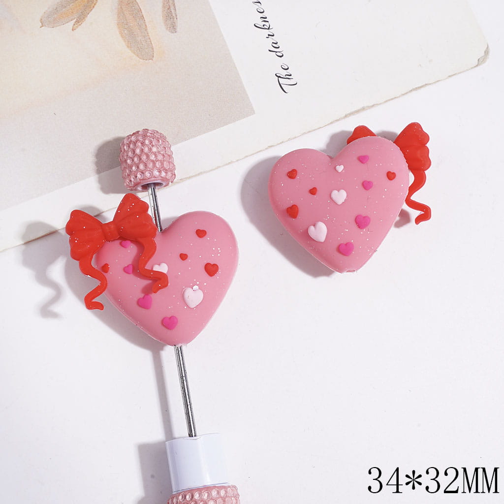 Silicone Focal Beads 3D Heart with Silver Glitter & Bowtie & Mini Hearts, 34*32MM, Multi-Color
