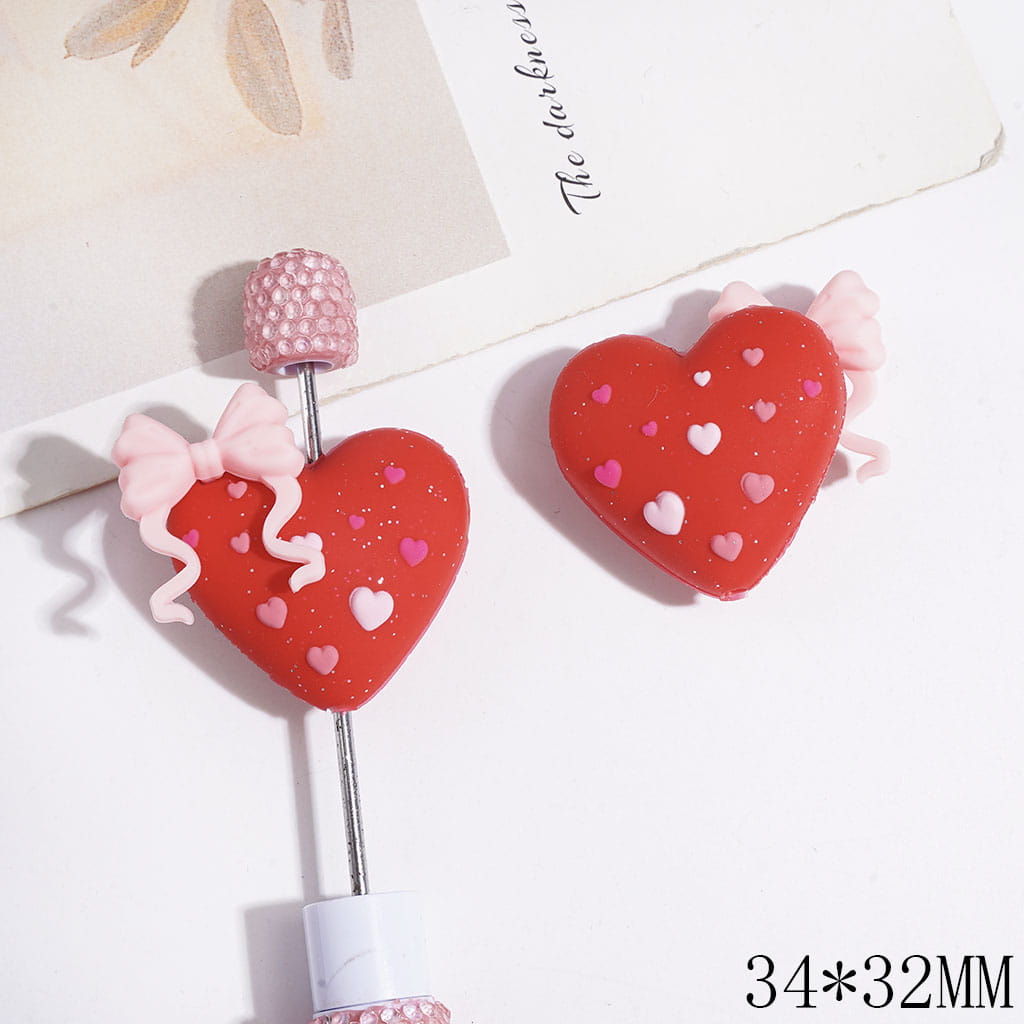 Silicone Focal Beads 3D Heart with Silver Glitter & Bowtie & Mini Hearts, 34*32MM, Multi-Color