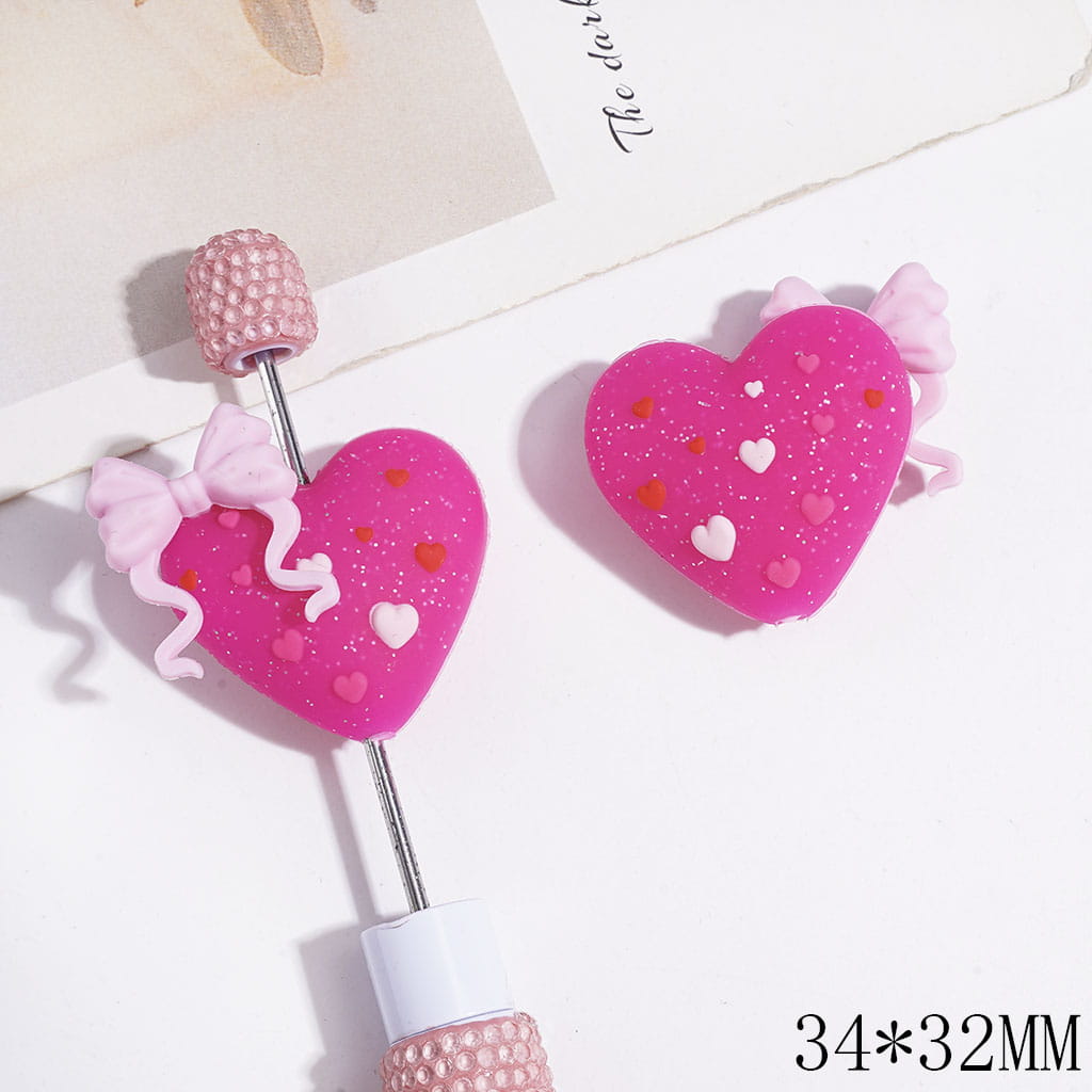 Silicone Focal Beads 3D Heart with Silver Glitter & Bowtie & Mini Hearts, 34*32MM, Multi-Color
