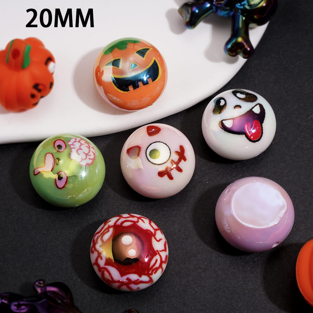 Acrylic Beads Spooky Halloween Theme, Eye Pumpkin Ghost Face Brain, 20MM, Random Mix