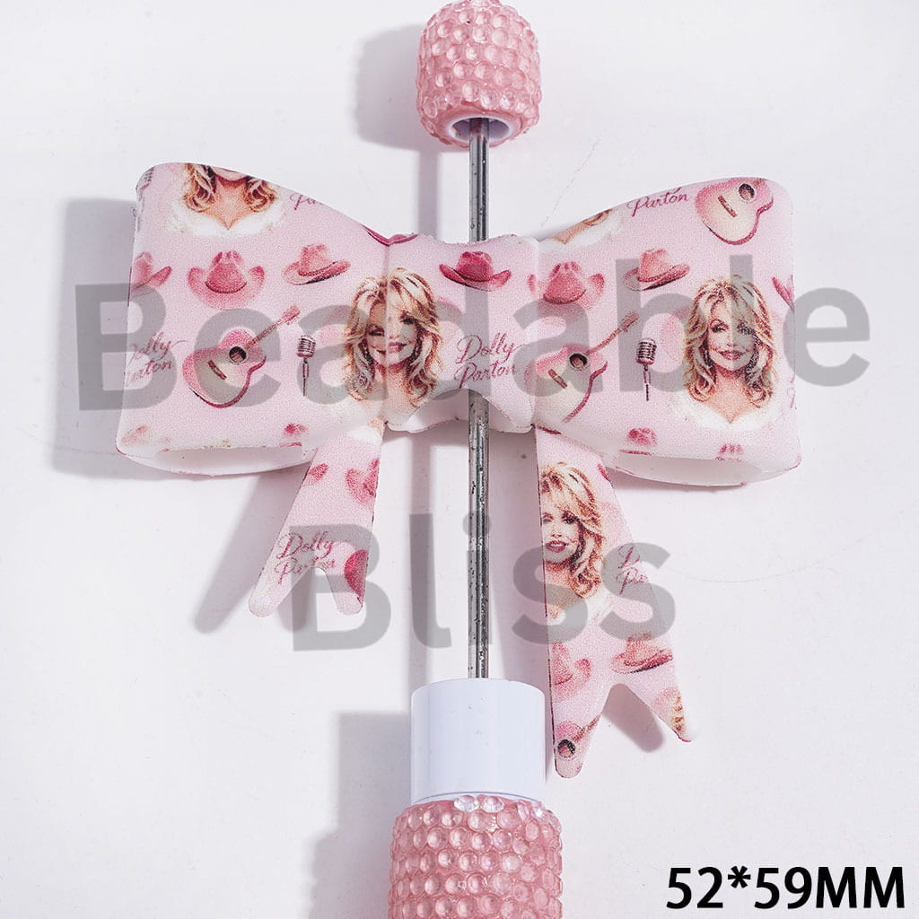 UV Printed Silicone Focal Beads Bowtie with Cowboy Hat & Guitar & Microphone & American Countryside Singer Patterns, Pink Base, 52*59MM