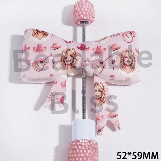 UV Printed Silicone Focal Beads Bowtie with Cowboy Hat & Guitar & Microphone & American Countryside Singer Patterns, Pink Base, 52*59MM