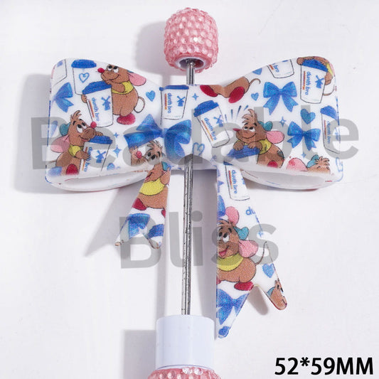 UV Printed Silicone Focal Beads Bowtie with Brown Mouse Holding Coffee Cup and Blue Bowtie Patterns, 52*59MM