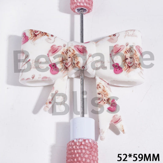 Soft Bowtie with Cowboy Hat & Guitar & Microphone & American Countryside Singer Patterns Silicone Focal Beads, UV Printed Process, White Background, 52*59MM