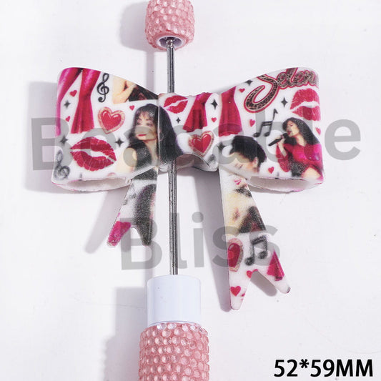 Soft Bowtie with Red-Lipped & Heart & Music Note & Famous American Girl Singer Patterns Silicone Focal Beads, UV Printed Process, 52*59MM
